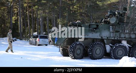 Soldat mit dem 5. Bataillon, 4. Air Defense Artillery Regiment, führt den M-SHORAD Stryker am nächsten Tag, dem 9. März 2022, in der Nähe von Rutja, Estland, die Strecke für das Live-Fire-Event zu testen. Die ADAR 5/4 nimmt an der multinationalen Übung Sabre Strike 22 Teil, die entlang des Baltikums und an die Grenzen verwandter europäischer Länder stattfindet. (USA Foto der Armee-Nationalgarde von Sgt. Ryan S. Gay) Stockfoto