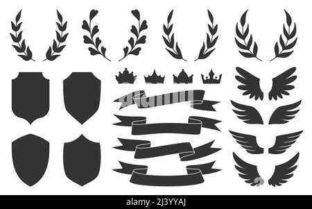Schild Kranz Band Krone Flügel schwarz Stempel Silhouette gesetzt. Zeremonielle Beschilderung Objekt Label Vorlage mittelalterliche Verteidigung Qualitätssicherung Preisschreiben königliche Anzeige teuer Dekoration Abzeichen Auszeichnung isoliert Stock Vektor