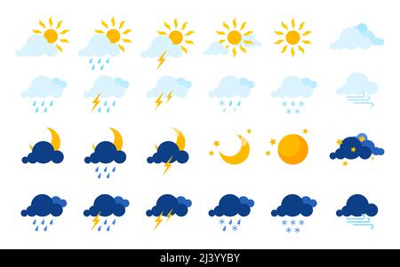 Wetterprognose Web-Interface-Element flach gesetzt. Benutzerdefinierte Natur Himmel Objekt für Meteorologie Website warmes kaltes Klima. Sonne Regenwolke Mondstern Regen Schnee Blitz Wind usw. Symbol auf Weiß isoliert Stock Vektor