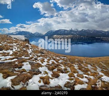 Frühlingsschnee auf der Ostmoräne, Wallowa Lake, Oregon Stockfoto