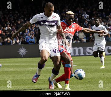 Neapel, Italien. 10. April 2022. Napoli's Victor Osimhen (R) spielt mit Fiorentina's Igor während eines Serie-A-Fußballspiels zwischen Napoli und Fiorentina in Neapel, Italien, am 10. April 2022. Quelle: Str/Xinhua/Alamy Live News Stockfoto