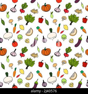 Nahtloser Hintergrund mit Bildern von Obst und Gemüse Stock Vektor