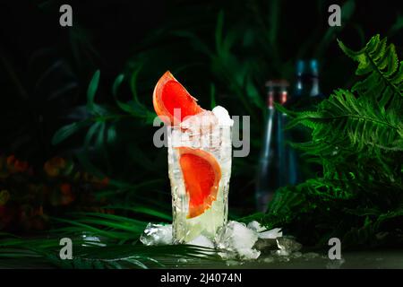 Gin Bitter Lemon alkoholischer Longdrink-Cocktail mit trockenem Gin, Tonic, Grapefruit und Eiswürfeln. Tiefes Dschungelgrün Hintergrund mit Pflanzen Blätter. Auch die Bar Stockfoto