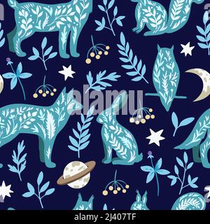 Nahtloses Muster mit mystischen Wildtieren im Doodle Boho skandinavischen Stil, Eule, Wolf und Kaninchen mit Sternen und Pflanzenelementen. Stock Vektor