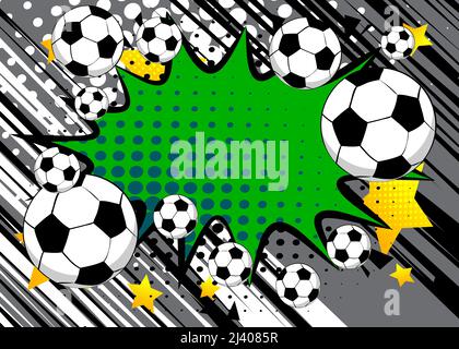 Comic-Poster mit Fußball. Fußballspiele im Comic-Hintergrund. Banner für Sportveranstaltungen im Pop-Art-Stil im Retro-Stil. Vektor-Illustration für Einladung, Buch Stock Vektor