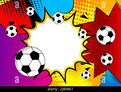 Comic-Poster mit Fußball. Fußballspiele im Comic-Hintergrund. Banner für Sportveranstaltungen im Pop-Art-Stil im Retro-Stil. Vektor-Illustration für Einladung, Buch Stock Vektor