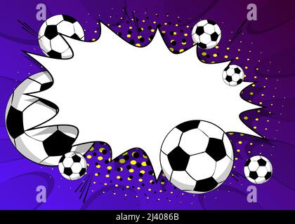Comic-Poster mit Fußball. Fußballspiele im Comic-Hintergrund. Banner für Sportveranstaltungen im Pop-Art-Stil im Retro-Stil. Vektor-Illustration für Einladung, Buch Stock Vektor