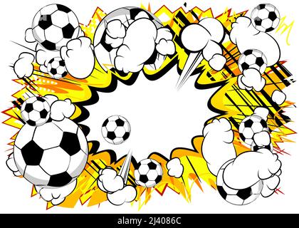 Comic-Poster mit Fußball. Fußballspiele im Comic-Hintergrund. Banner für Sportveranstaltungen im Pop-Art-Stil im Retro-Stil. Vektor-Illustration für Einladung, Buch Stock Vektor