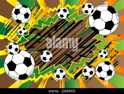Comic-Poster mit Fußball. Fußballspiele im Comic-Hintergrund. Banner für Sportveranstaltungen im Pop-Art-Stil im Retro-Stil. Vektor-Illustration für Einladung, Buch Stock Vektor