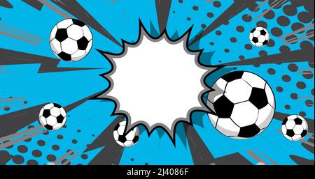 Comic-Poster mit Fußball. Fußballspiele im Comic-Hintergrund. Banner für Sportveranstaltungen im Pop-Art-Stil im Retro-Stil. Vektor-Illustration für Einladung, Buch Stock Vektor