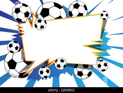 Comic-Poster mit Fußball. Fußballspiele im Comic-Hintergrund. Banner für Sportveranstaltungen im Pop-Art-Stil im Retro-Stil. Vektor-Illustration für Einladung, Buch Stock Vektor