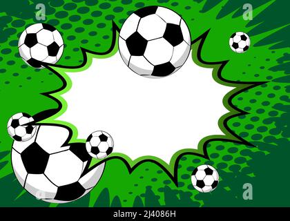 Comic-Poster mit Fußball. Fußballspiele im Comic-Hintergrund. Banner für Sportveranstaltungen im Pop-Art-Stil im Retro-Stil. Vektor-Illustration für Einladung, Buch Stock Vektor