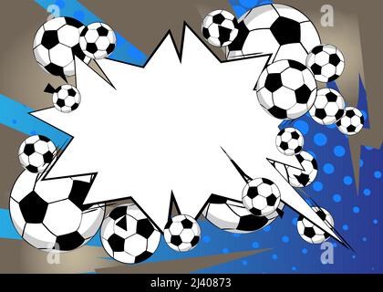 Comic-Poster mit Fußball. Fußballspiele im Comic-Hintergrund. Banner für Sportveranstaltungen im Pop-Art-Stil im Retro-Stil. Vektor-Illustration für Einladung, Buch Stock Vektor