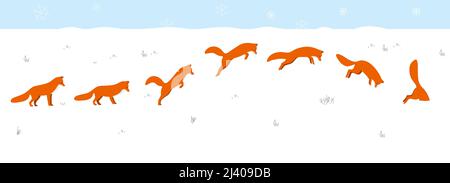 Rotfuchs springen und jagen auf dem Schnee Stock Vektor