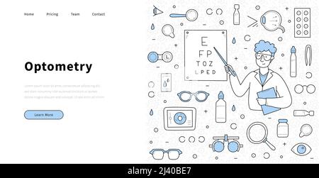 Optometrie-Banner mit Augenarzt in Brille mit Augentestdiagramm. Vektor-Landing-Page der Augenheilkunde medizinischen Check mit handgezeichneter Illustration des Menschen Optometrist, Tropfen, Pillen und Linsen Stock Vektor