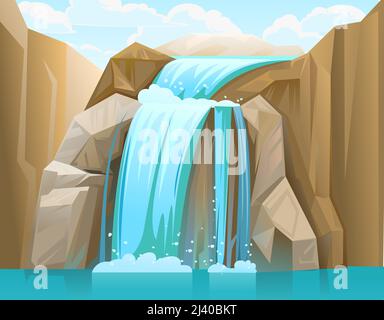 Wasserfall zwischen Felsen. Gießt in den See. Kaskade schimmert nach unten. Fließendes Wasser. Vektor. Stock Vektor