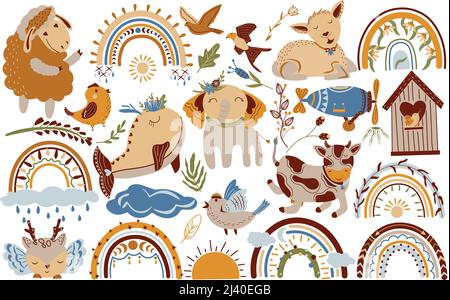 Boho-Elemente, Wolke, Sonne, Regenbogen, Blumen, Tier, Blätter, Vogel. Niedliche Baumschule Cliparts in Pastellfarben. Vektorgrafik. Stock Vektor