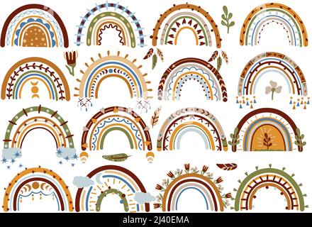 Großer Satz Boho-Regenbogen mit Herzen, Blumen, Blättern, Federn, Wolken in Pastellfarben. Skandinavischer Stil. Vektorgrafik. Stock Vektor