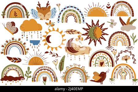 Boho-Elemente, Wolke, Sonne, Regenbogen, Blumen, Tier, Blätter, Vogel. Moderne Illustration in Pastellfarben. Vektorgrafik. Stock Vektor