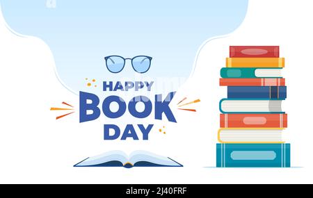 Weltbuchtag. Stapel von Büchern und offenes Buch mit Gläsern und Tasse. Vektorgrafik Stock Vektor