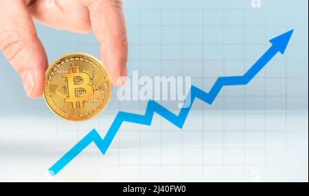 Kryptowährung. Bitcoin-Aktienwachstum. Das Diagramm zeigt einen starken Anstieg des Bitcoin-Preises. Image für Investoren in der schnell wachsenden Kryptowährung und im Block Stockfoto