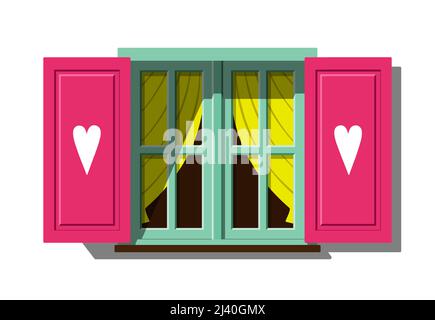 Vintage-Fenster mit Vorhängen und rosa Fensterläden mit Herzen isoliert auf weißem Hintergrund. Retro-Fenster flache Farbe Vektor Illustration öffnen. Stock Vektor