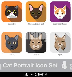 Katze Rasse Cartoon flache Gesichtssymbol design exotische Katze, Japanese Bobtail, Lynx, Havana Brown Katze, Korat, Laperm Stock Vektor