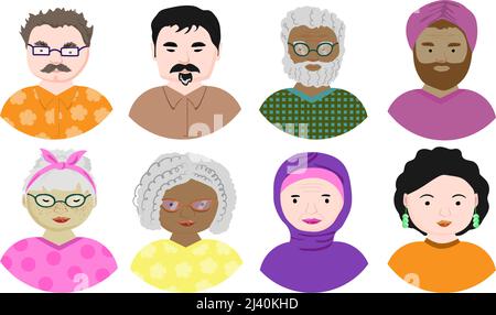 Eine Reihe von Avataren für nette Leute. Eine vielfältige Gruppe junger Männer und Frauen. Menschen verschiedener Rassen. Vektorgrafik im flachen Stil Stock Vektor