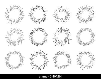 Handgezeichnete Starburst-Doodle-Explosion-Vektor-Illustration auf weißem Hintergrund isoliert. Sonnenstrahlen im Retro-Vintage-Design oder radiale Elemente eines Feuerwerks Stock Vektor