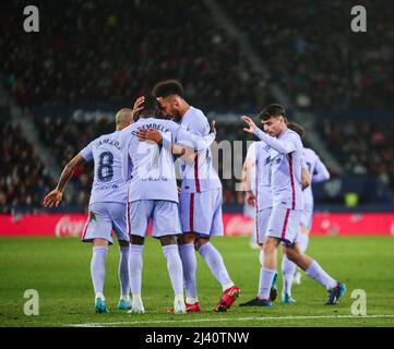 Castellon, Spanien. 10. April 2022. 10. April 2022; Stadion Ciudad de Valencia; Valencia; Spanien; Primera Division; LaLiga Santander 2021 - 2022; Levante gegen FC Barcelona. Dembele and Aubameyang 900/Cordon Press Credit: CORDON PRESS/Alamy Live News Stockfoto