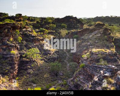 Zerklüfteter Quarzsandstein und konglomerat karstige Aufschlüsse im Mirima National Park, East Kimberley Stockfoto