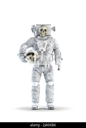 Dead Astronaut Concept - 3D Abbildung des Schädel konfrontiert Raumanzug tragen männliche Figur isoliert auf weißem Studio Hintergrund Stockfoto