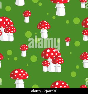 Nahtloses Muster. Pilz-Zehenhocker. Fly-Agarics Row. Amanitas-Muster. Vektorgrafik im flachen Stil. Kann zum Drucken von Verpackungen oder einer Repea verwendet werden Stock Vektor