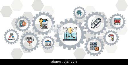 SEO farbige Symbole Vektor-Banner. Lesezeichen, Hosting, Hyperlink, Werbung, Datentransfer Webheader Banner Illustration. Stock Vektor