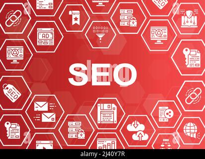 Banner mit SEO-Symbolen. Lesezeichen, Hosting, Hyperlink, Werbung, Datentransfersymbole Web-Header-Banner. Vektorgrafik modernes Layout Vorlage. Stock Vektor