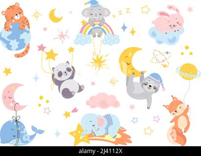 Niedliche schlafende Tiere. Cartoon-Schlaf-Charaktere auf Mond und Regenbogen. Baby Panda, Kaninchen auf Wolke und Fuchs. Lustige neugeborene Dusche Party nowaday Vektor Stock Vektor