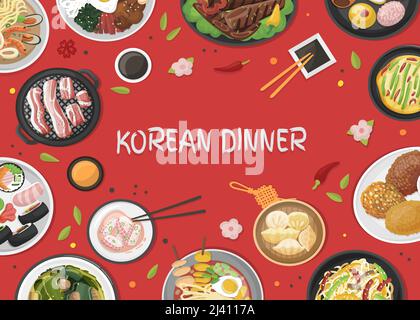 Koreanisches Abendessen im Hintergrund. Blick von oben auf asiatische Grillspezialitäten, traditionelles Buffet. BBQ, Kimchi und Sojasauce. Chinesische japanische Küche neoterische Vektor-Tabelle Stock Vektor