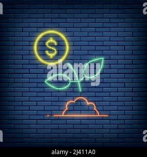 Vektor Geld Baum, Geld sparen, investieren Neon-Zeichen. Vektorgrafik im Neon-Stil. Stock Vektor