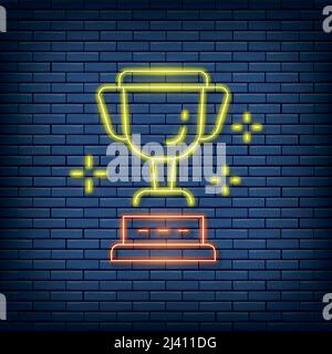 Vektorbecher, Trophäe, Award Neon-Schild. Vektorgrafik im Neon-Stil. Stock Vektor