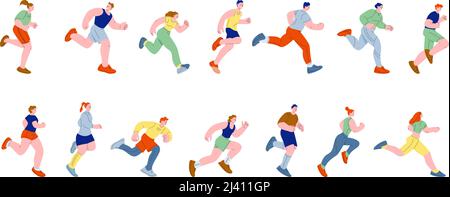 Läufer-Charaktere. Teen bewegt, Laufen Cartoon Athleten. Aktivitäten und Rush, junge flache Sportler laufen. Jogging Mann Frau in Sportswear kicky Vektor Stock Vektor