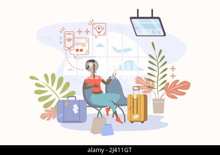 Eine schwarze Frau sitzt am Flughafen, ihre Taschen warten auf ihren Flug und schauen auf den Bildschirm. Vektorgrafik. Stock Vektor