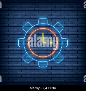Vector Uhr in Gang, Produktivität, Zeitmanagement Neon-Zeichen. Vektorgrafik im Neon-Stil. Stock Vektor