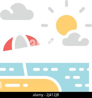 Vector Sonnenschirm in Sand Landschaft weiße Linie Symbol. Symbol- und Schilderillustrationen. Stock Vektor