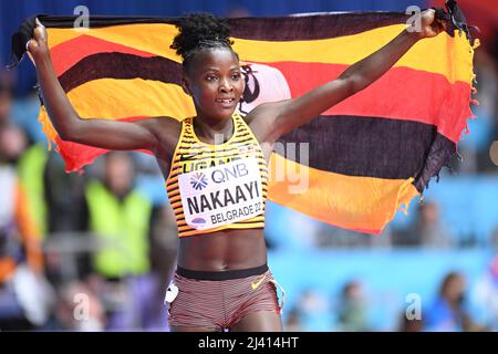 Halimah Nakaayi mit der ugandischen Flagge bei den Hallen-Weltmeisterschaften 2022 in Belgrad. Stockfoto