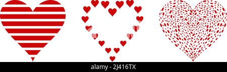 Herzvektor in Rot eingestellt. Weißer isolierter Hintergrund. Abstrakte Herz-Logo-Illustration in drei verschiedenen Designs. Stock Vektor