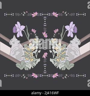 Muster. Nahtloses Muster. Niedliche Katze im Liegestuhl mit hübschen Blumen. Hintergrundfarbe dunkelgrau. Vektorgrafik. Stock Vektor