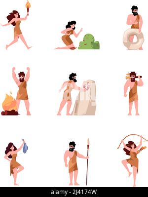 Neandrathal. Prähistorische Charaktere weibliche und männliche Höhlenpersonen in Aktion posiert grellen Vektor flache Farbabbildungen Stock Vektor