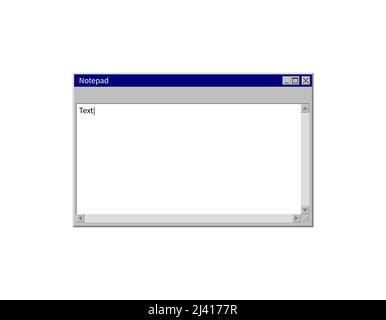 Vorlage für das Fenster „Systemnotepad“. Retro 90s PC-Schnittstelle. Leerer Textbereich für Notizblock. Leeres Element des Computerbetriebssystems 95. Stock Vektor