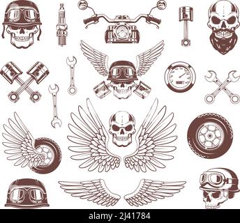 Biker-Abzeichen. Motorrad-Embleme mit Fahrräder Schädel und Choppers Schutzhelm und Flügel genaue Vektor-Bilder Sammlung Stock Vektor