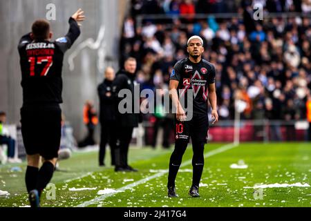 Kopenhagen, Dänemark. 10. April 2022. Evander Ferreira (10) aus dem FC Midtjylland wurde während des Superliga-Spiels 3F zwischen dem FC Kopenhagen und dem FC Midtjylland im Kopenhagener Park gesehen. (Foto: Gonzales Photo/Alamy Live News Stockfoto